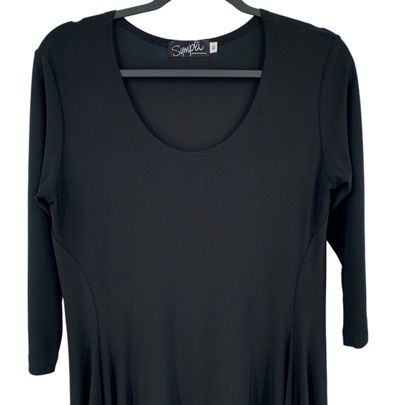 Sympli Swing Dress Womens 10 Black Jersey Stretch Asymmetrical Hem 3/4 Sleeve - Picture 3 of 7